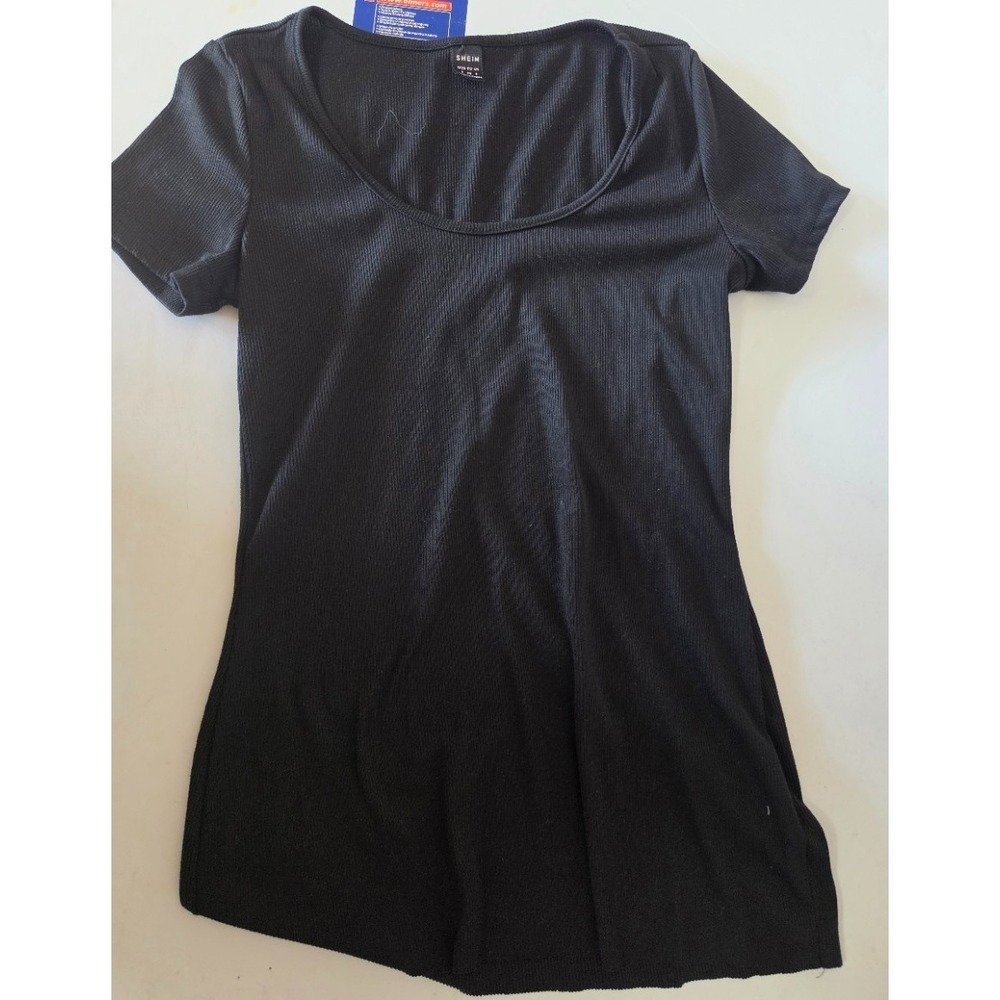 Shein Short Sleeve Black Ribbed Knit Scoop Neck Top Womens Size Small S